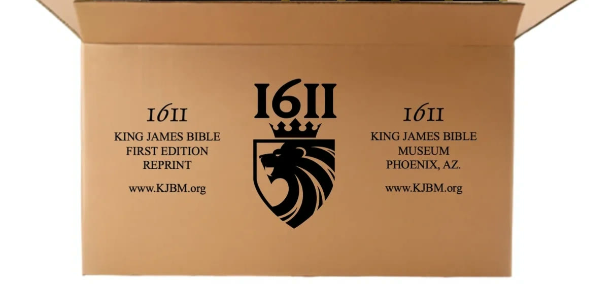 A museum shipping carton, open, with six black soft-cover facsimiles standing inside