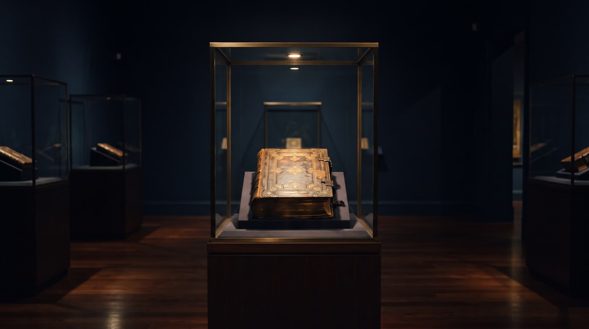 A glass exhibit case with a brass frame holding a closed antique Bible in a dark gallery
